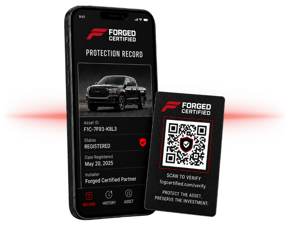 Forged Certified protection record shown on a phone with a scannable QR verification card